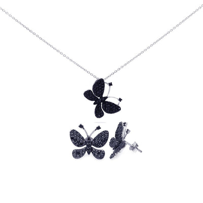 Sterling Silver Rhodium Plated Black Butterfly CZ Stud Earring and Necklace Set