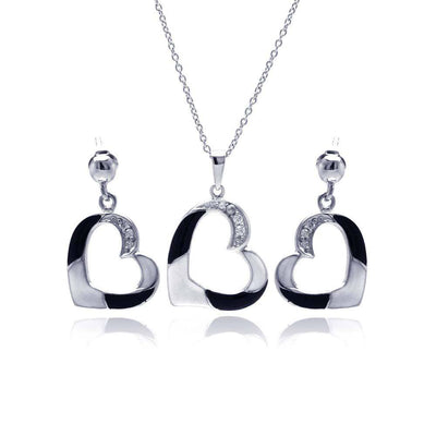 Sterling Silver Black Rhodium Plated Open Heart CZ Dangling Stud Earring and Necklace Set