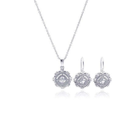 Sterling Silver Rhodium Plated Antique Style Princess Cut CZ Hook Earring and Necklace Set