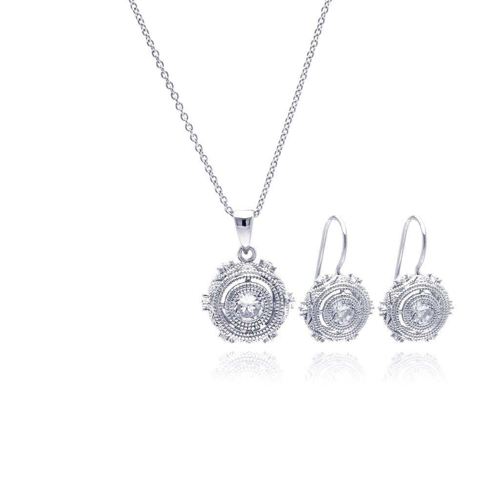 Sterling Silver Rhodium Plated Antique Style Round CZ Hook Earring and Necklace Set