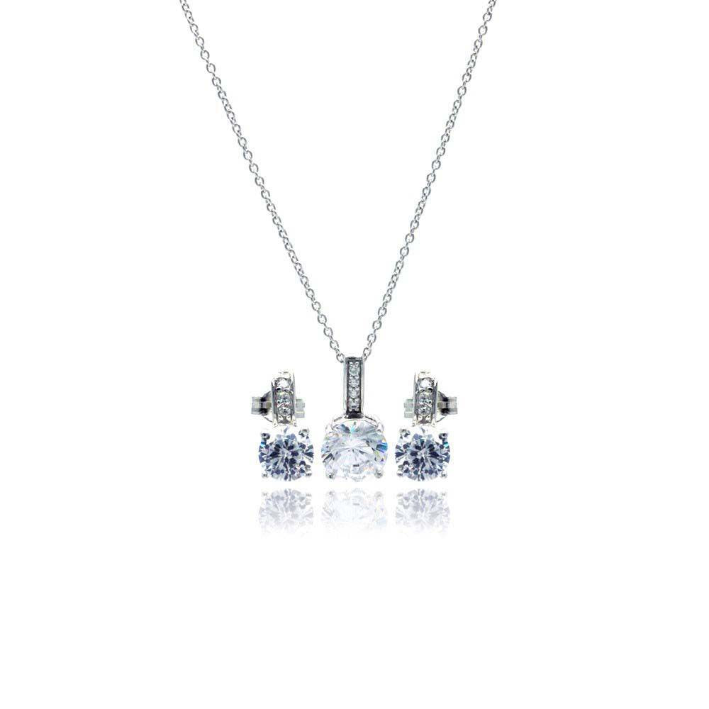 Sterling Silver Rhodium Plated Round CZ Stud Earring and Necklace Set