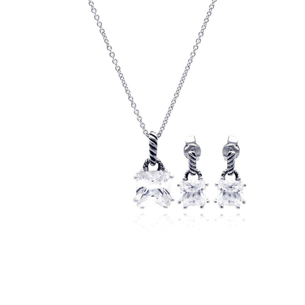 Sterling Silver Rhodium Plated Princess Cut CZ Dangling Stud Earring and Necklace Set