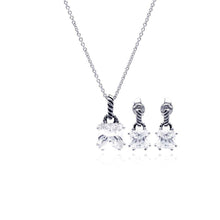 Load image into Gallery viewer, Sterling Silver Rhodium Plated Princess Cut CZ Dangling Stud Earring and Necklace Set