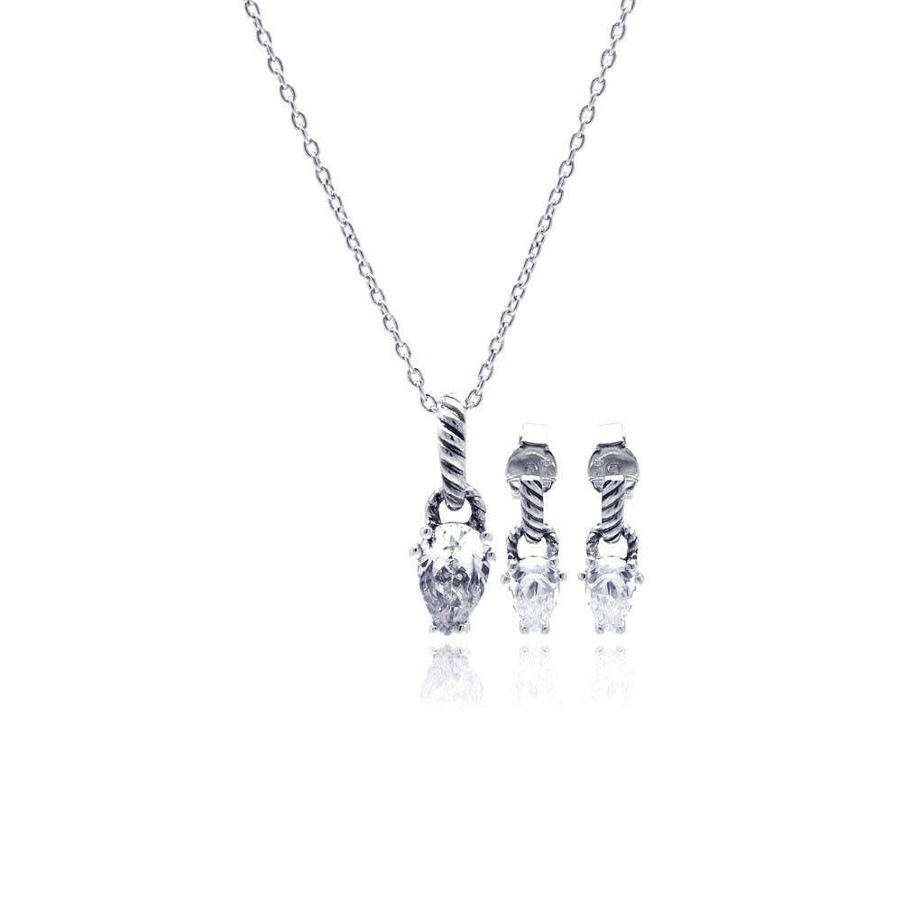 Sterling Silver Rhodium Plated Teardrop CZ Dangling Stud Earring and Necklace Set