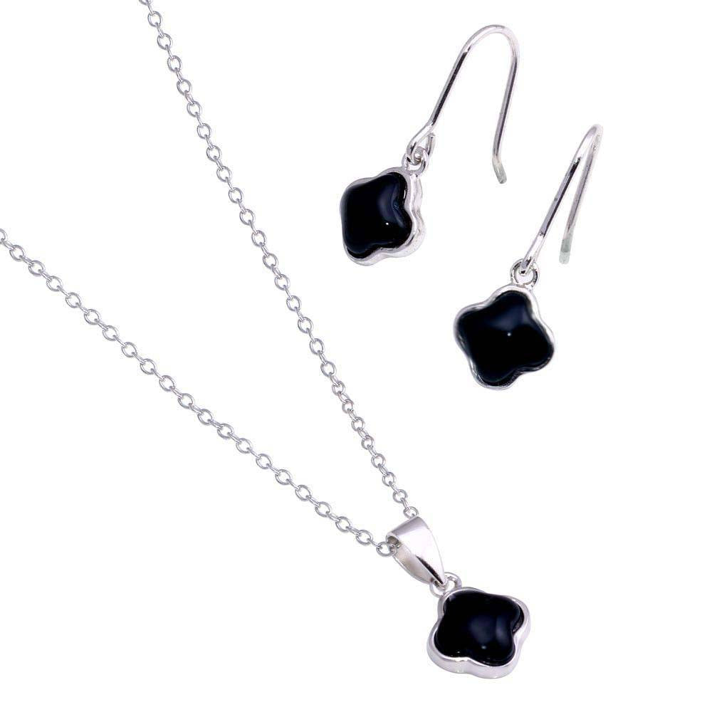 Sterling Silver Rhodium Plated Black Onyx Flower Dangling Hook Earring and Necklace Set