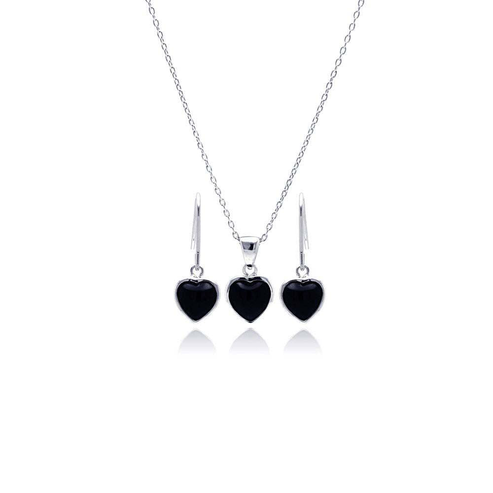 Sterling Silver Rhodium Plated Black Onyx Heart CZ Dangling Hook Earring and Necklace Set