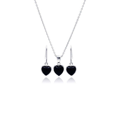 Sterling Silver Rhodium Plated Black Onyx Heart CZ Dangling Hook Earring and Necklace Set