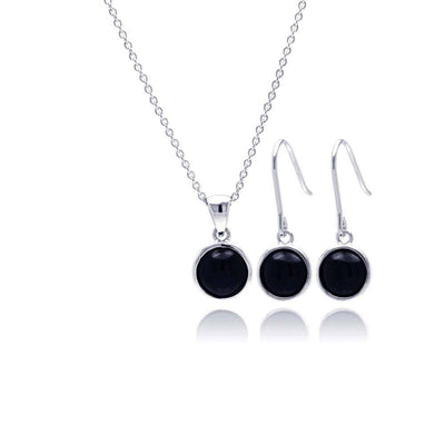 Sterling Silver Rhodium Plated Round Black Onyx CZ Dangling Hook Earring and Necklace Set