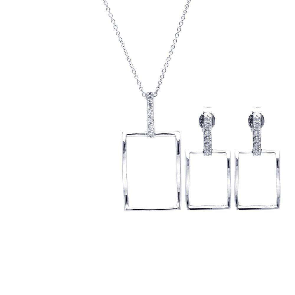 Sterling Silver Rhodium Plated Open Square CZ Dangling Stud Earring and Necklace Set