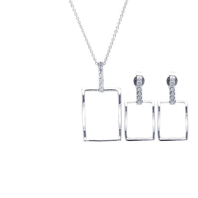 Sterling Silver Rhodium Plated Open Square CZ Dangling Stud Earring and Necklace Set