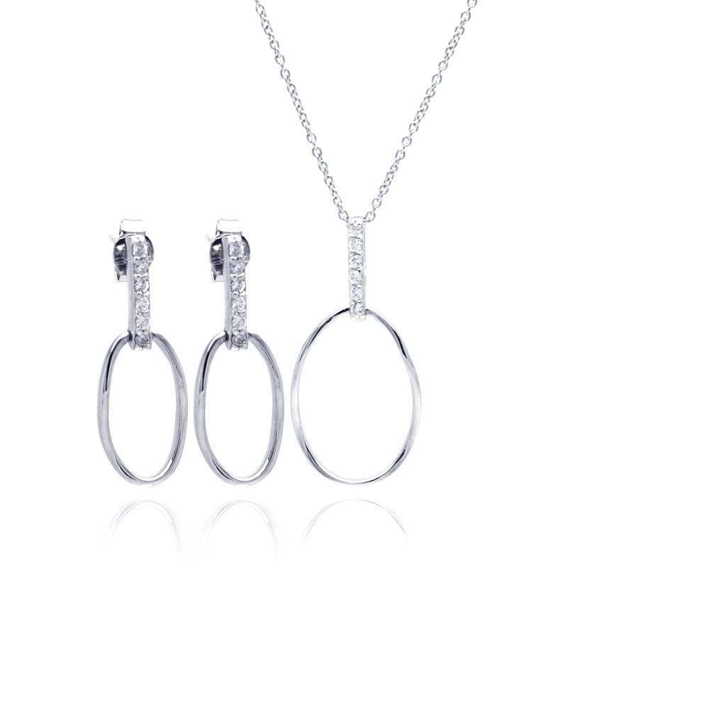 Sterling Silver Rhodium Plated Open Oval CZ Dangling Stud Earring and Necklace Set