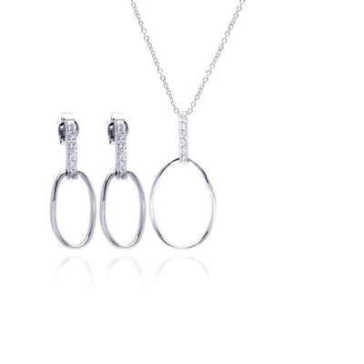 Sterling Silver Rhodium Plated Open Oval CZ Dangling Stud Earring and Necklace Set