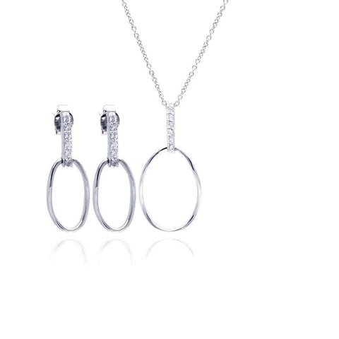 Sterling Silver Rhodium Plated Open Oval CZ Dangling Stud Earring and Necklace Set