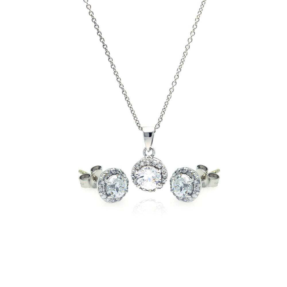 Sterling Silver Rhodium Plated Round CZ Stud Earring and Necklace Set