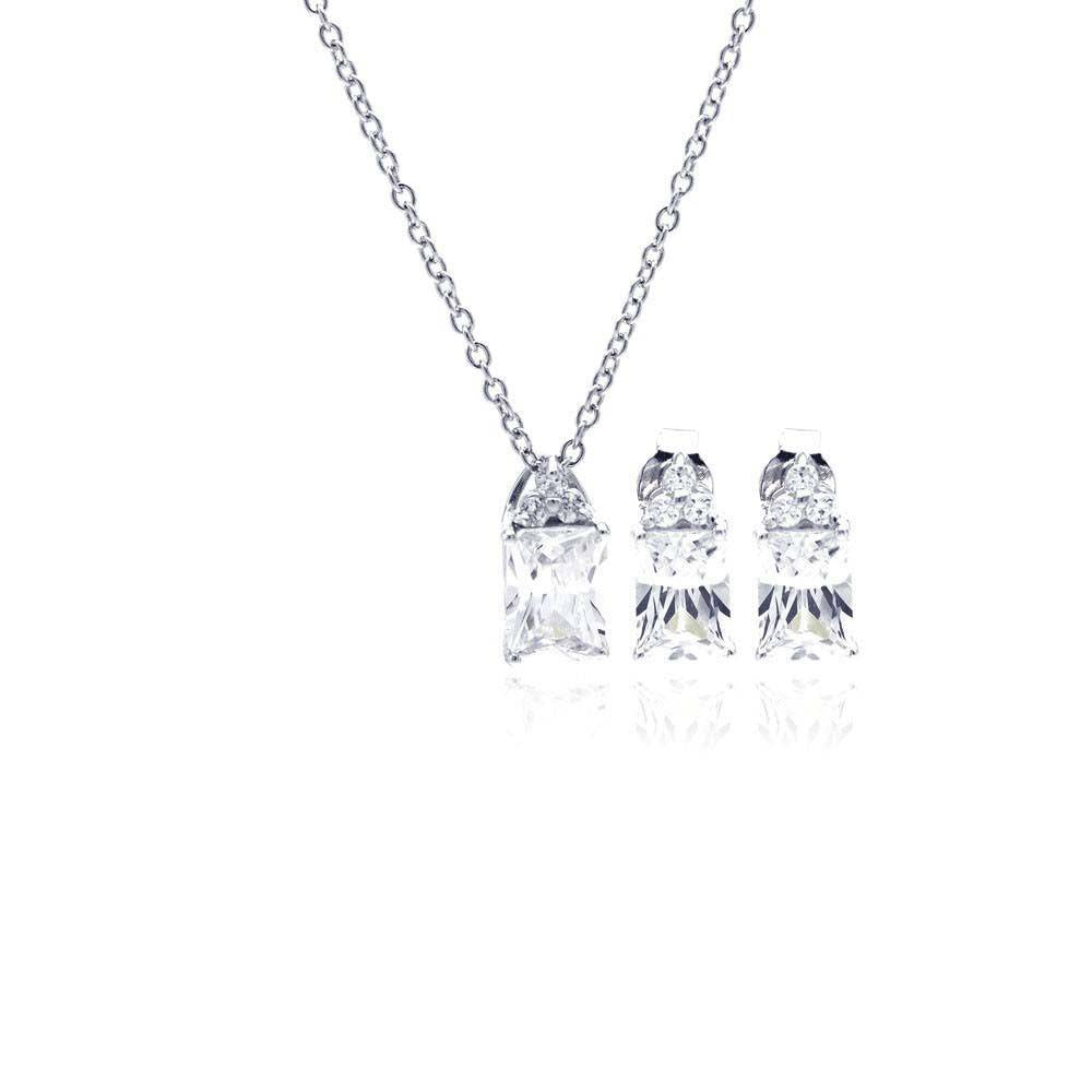 Sterling Silver Rhodium Plated Princess Cut CZ Stud Earring and Necklace Set