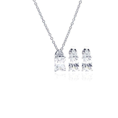 Sterling Silver Rhodium Plated Princess Cut CZ Stud Earring and Necklace Set