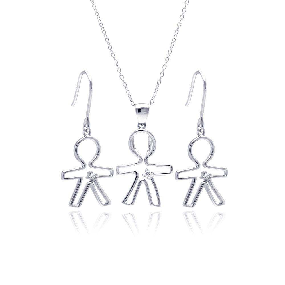 Sterling Silver Rhodium Plated Open Boy CZ Dangling Hook Earring and Necklace Set