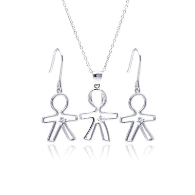 Sterling Silver Rhodium Plated Open Boy CZ Dangling Hook Earring and Necklace Set