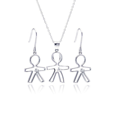 Sterling Silver Rhodium Plated Open Boy CZ Dangling Hook Earring and Necklace Set