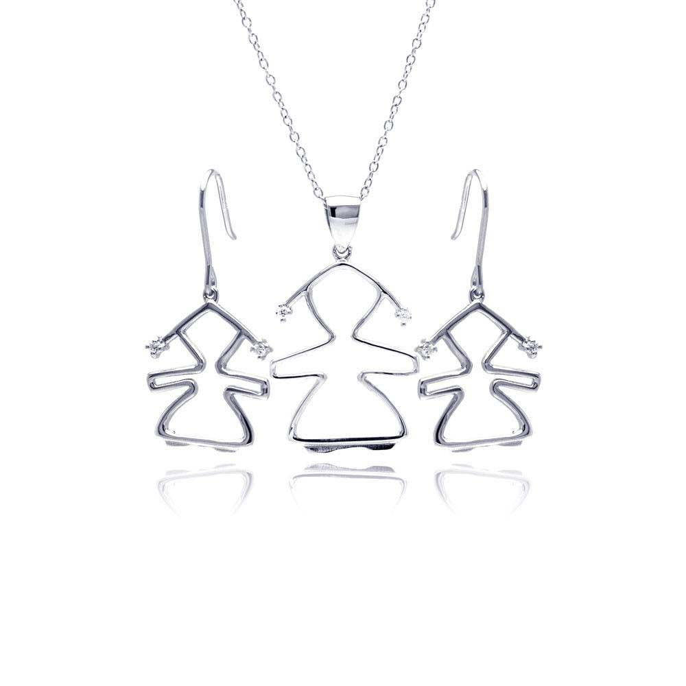 Sterling Silver Rhodium Plated Open Girl CZ Dangling Hook Earring and Necklace Set