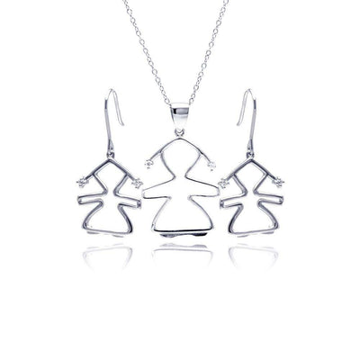 Sterling Silver Rhodium Plated Open Girl CZ Dangling Hook Earring and Necklace Set