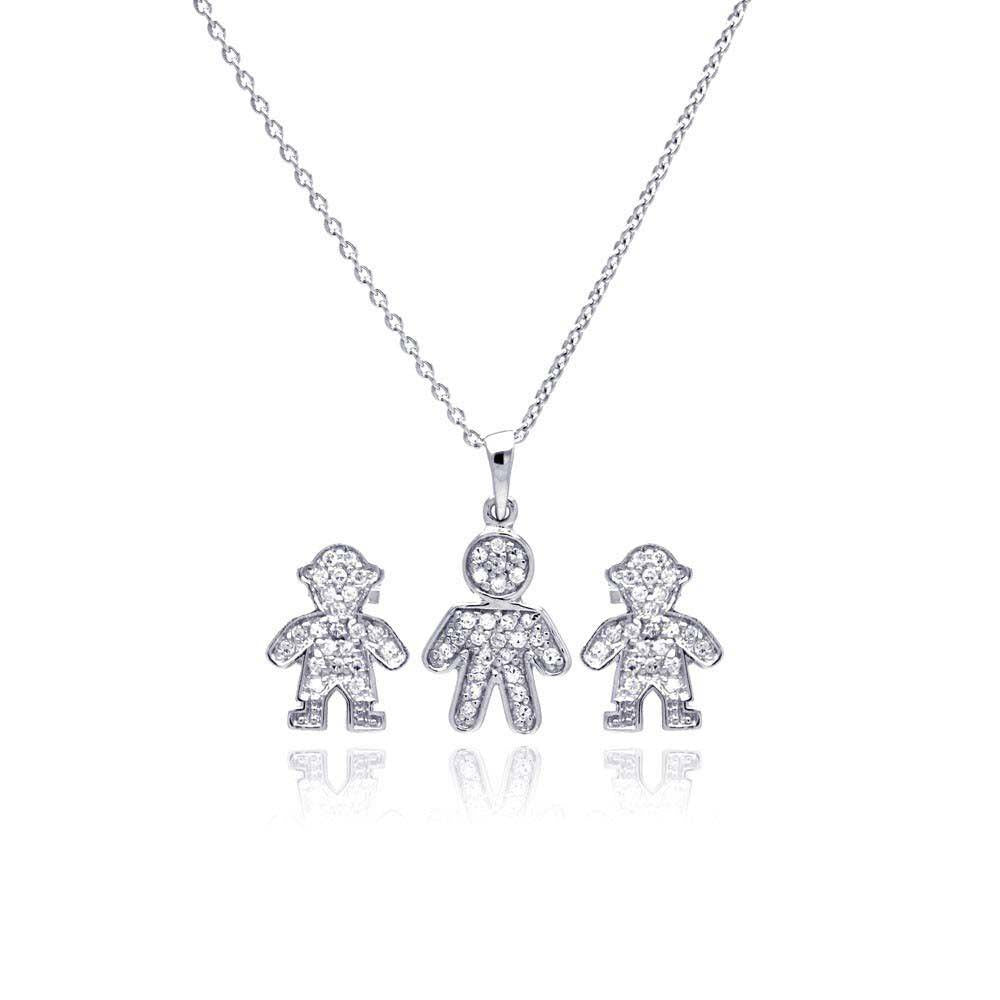 Sterling Silver Rhodium Plated Open Filigree CZ Boy Stud Earring and Necklace Set