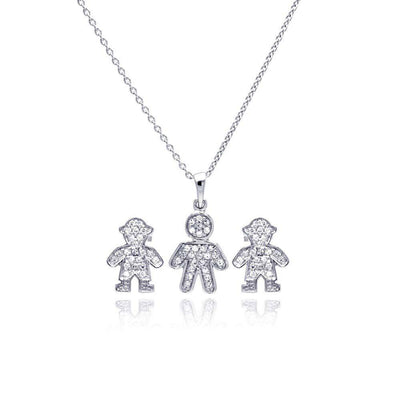 Sterling Silver Rhodium Plated Open Filigree CZ Boy Stud Earring and Necklace Set