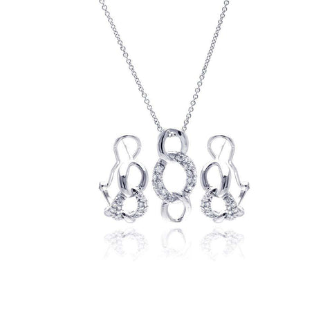 Sterling Silver Rhodium Plated Open Circle Link CZ Lever Back Earring and Necklace Set