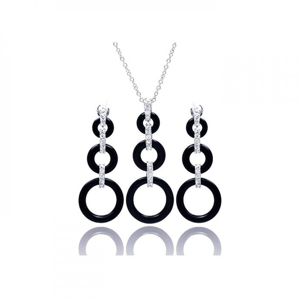 Sterling Silver Rhodium Plated Open Graduated Circle CZ Black Onyx Dangling Stud Earring and Necklace Set