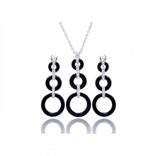 Load image into Gallery viewer, Sterling Silver Rhodium Plated Open Graduated Circle CZ Black Onyx Dangling Stud Earring and Necklace Set