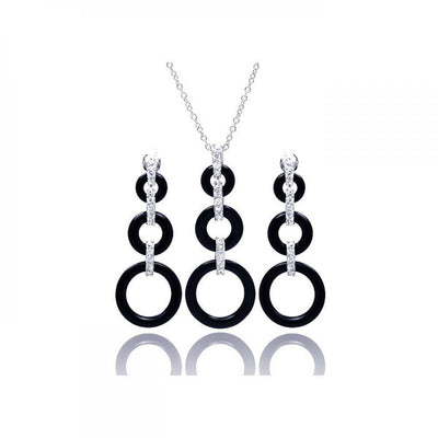 Sterling Silver Rhodium Plated Open Graduated Circle CZ Black Onyx Dangling Stud Earring and Necklace Set