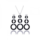 Sterling Silver Rhodium Plated Open Graduated Circle CZ Black Onyx Dangling Stud Earring and Necklace Set