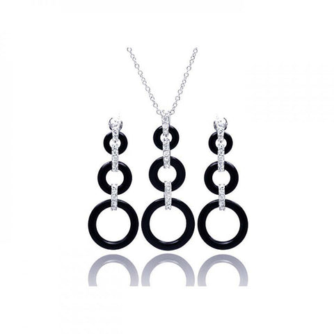 Sterling Silver Rhodium Plated Open Graduated Circle CZ Black Onyx Dangling Stud Earring and Necklace Set
