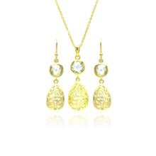 Load image into Gallery viewer, Sterling Silver Gold Plated Teardrop Round CZ Dangling Stud Earring and Necklace Set