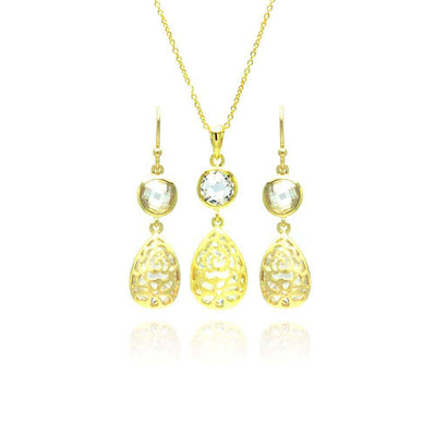 Sterling Silver Gold Plated Teardrop Round CZ Dangling Stud Earring and Necklace Set