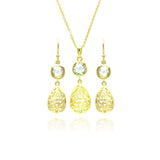 Sterling Silver Gold Plated Teardrop Round CZ Dangling Stud Earring and Necklace Set