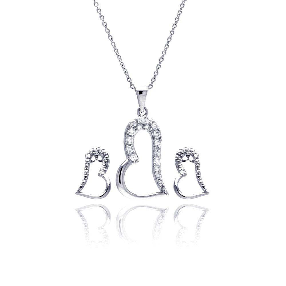 Sterling Silver Rhodium Plated Open Heart CZ Stud Earring and Necklace Set