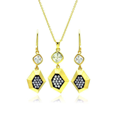 Sterling Silver Gold Plated Black CZ Dangling Stud Earring and Necklace Set