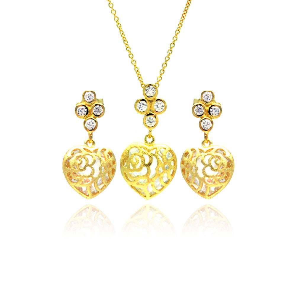 Sterling Silver Gold Plated Heart Filigree CZ Dangling Stud Earring and Necklace Set