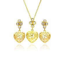 Load image into Gallery viewer, Sterling Silver Gold Plated Heart Filigree CZ Dangling Stud Earring and Necklace Set