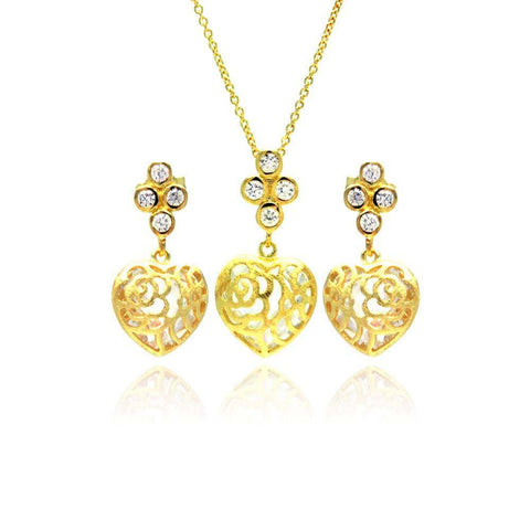 Sterling Silver Gold Plated Heart Filigree CZ Dangling Stud Earring and Necklace Set