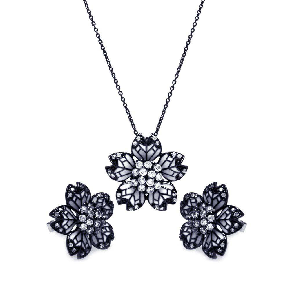 Sterling Silver Black Rhodium Plated Flower White Enamel CZ Stud Earring and Necklace Set