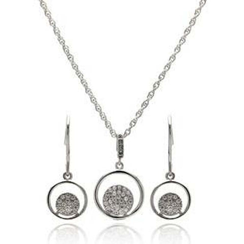 Sterling Silver Rhodium Plated Open Circle Micro Pave CZ Hook Earring and Necklace Set