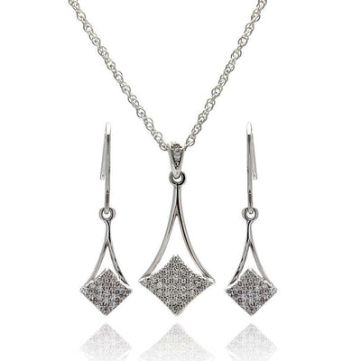 Sterling Silver Rhodium Plated Micro Pave CZ Dangling Hook Earring and Necklace Sets