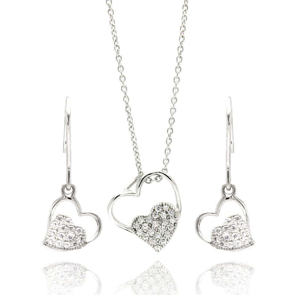 Sterling Silver Rhodium Plated Open Heart CZ Dangling Hook Earring and Necklace Set