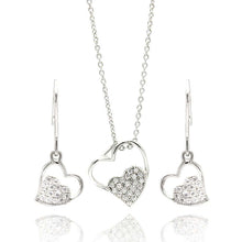 Load image into Gallery viewer, Sterling Silver Rhodium Plated Open Heart CZ Dangling Hook Earring and Necklace Set