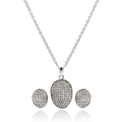 Sterling Silver Rhodium Plated Oval CZ Stud Earring and Necklace Set