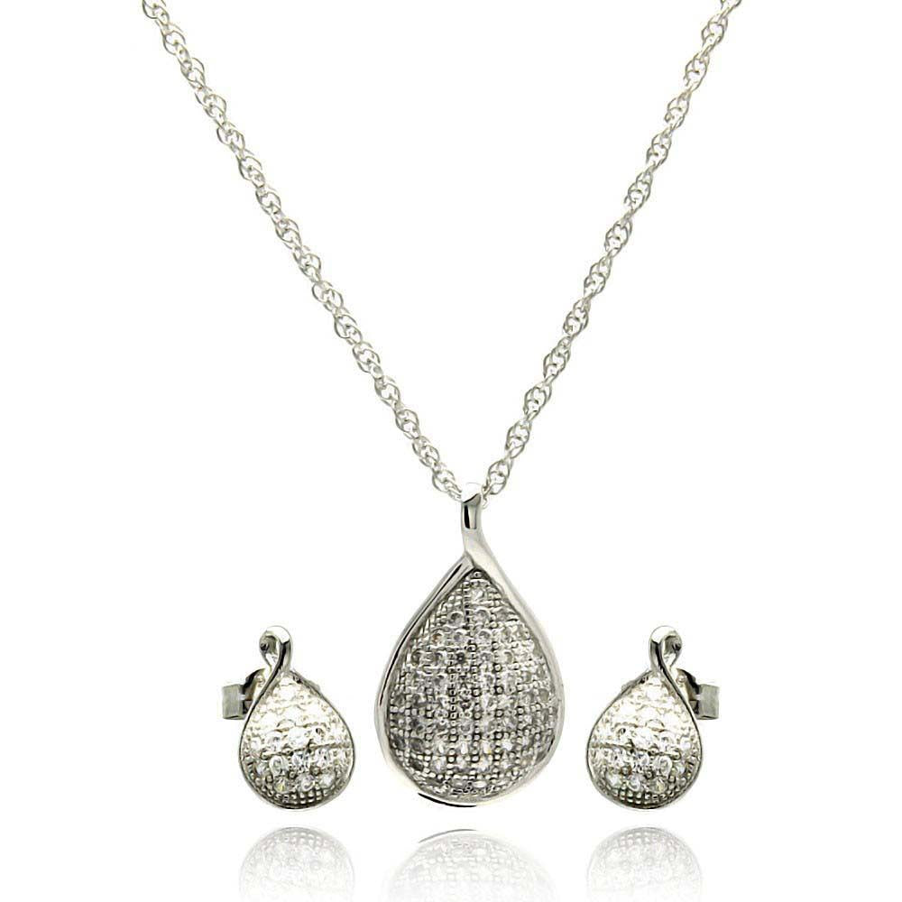 Sterling Silver Rhodium Plated Teardrop CZ Stud Earring and Necklace Set