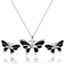 Load image into Gallery viewer, Sterling Silver Rhodium Plated Black Butterfly CZ Stud Earring and Necklace Set