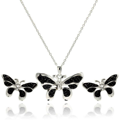 Sterling Silver Rhodium Plated Black Butterfly CZ Stud Earring and Necklace Set